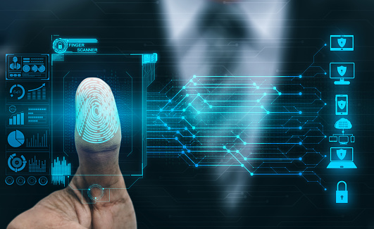 Fingerprint Biometric Digital Scan Technology. Graphic interface showing man finger with print scanning identification. Concept of digital security and private data access by use fingerprint scanner.