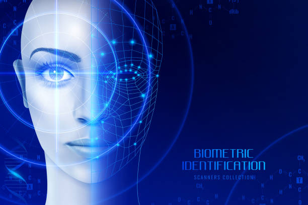 Biometric identification, scanners in work process for face and retina recognition on dark background vector illustration